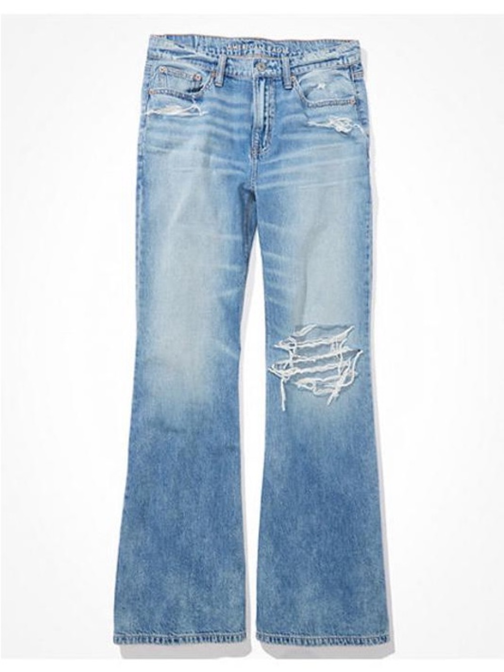 American Eagle Low-Rise Baggy Flare Distressed Jeans Light Wash 14 Short